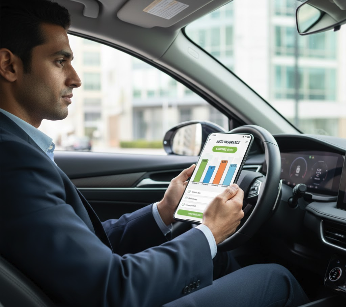 Placeholder image of a modern professional driver using an insurance comparison tool on a mobile device